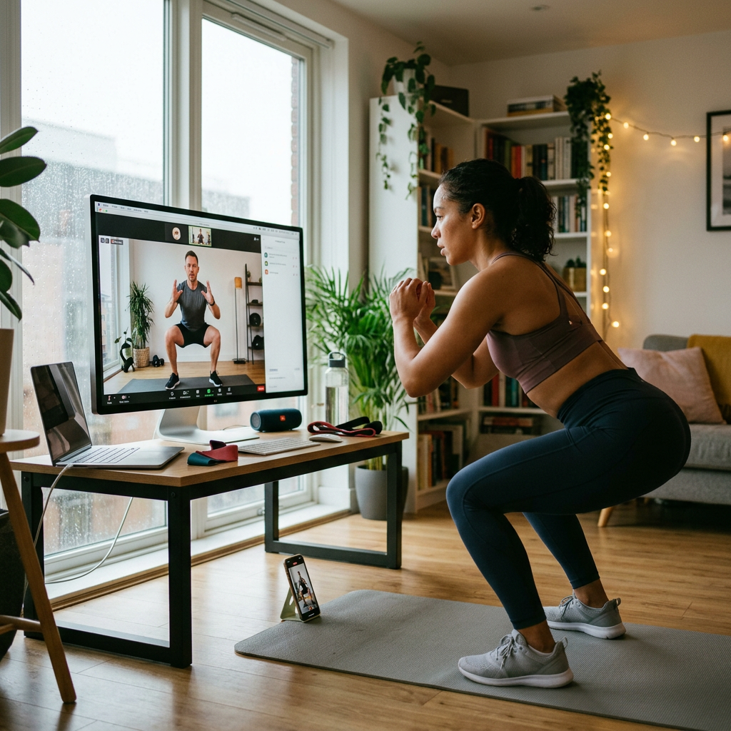 Woman performing a squat while following an online workout - Fawaz Sebai